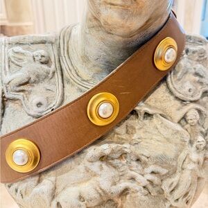 Bronze wide Leather Belt with Gold-Tone Medallions and Pearl rivet detail. 80s